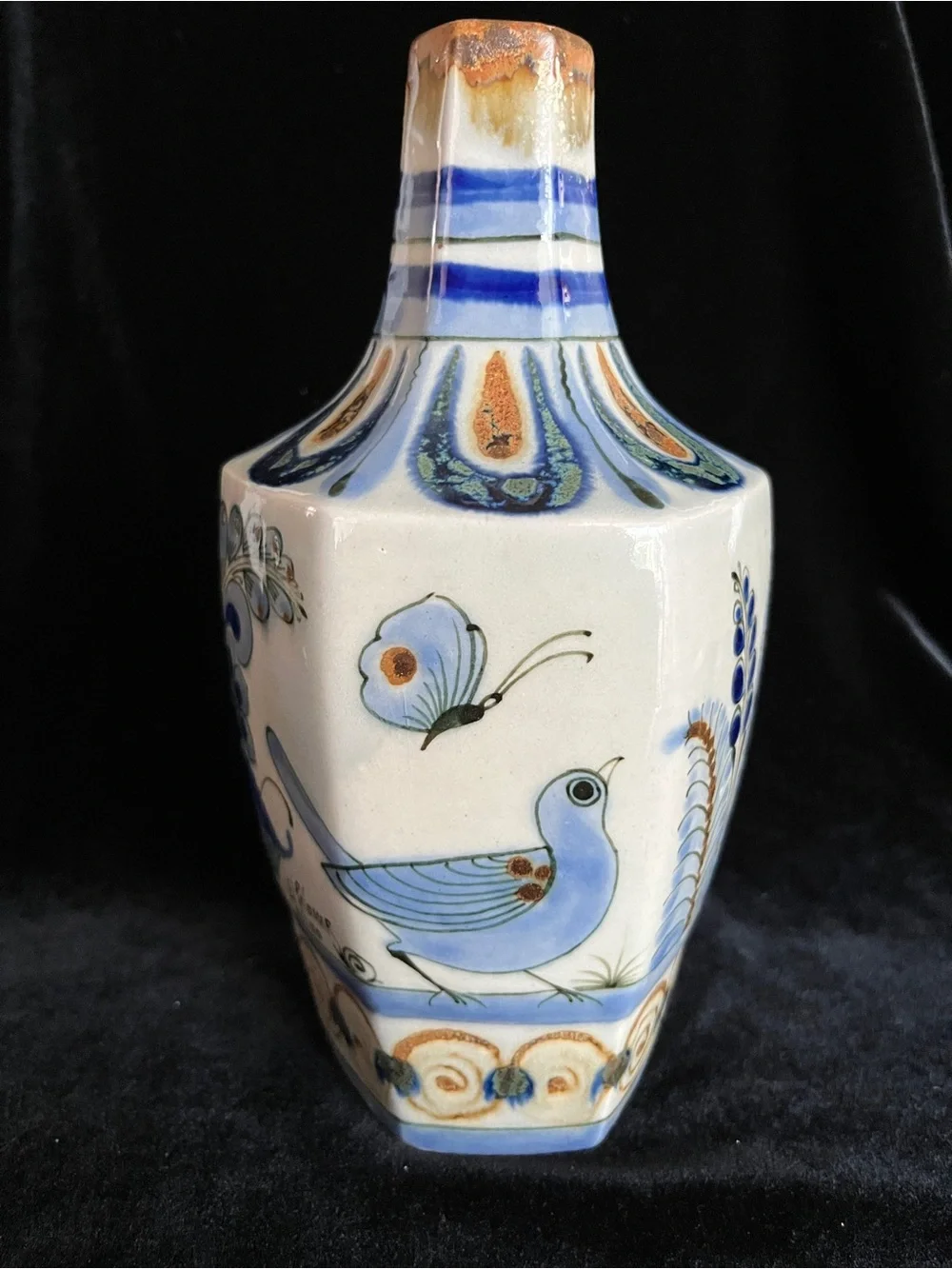 Ken Edwards El Palomar Tonala Mexico Pottery Bird Flower Tall VASE or Decanter